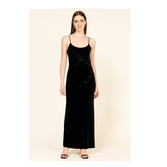 Betsy & Adam by Jaslene Dress Womens 10 Black Velvet Beaded Evening Gown Formal - Picture 1 of 7